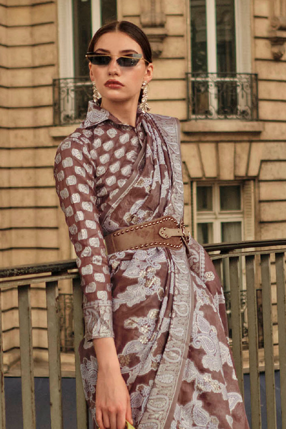 Russet Brown & White Floral Design Lucknowi Chikan Kari Saree with Fancy Blouse