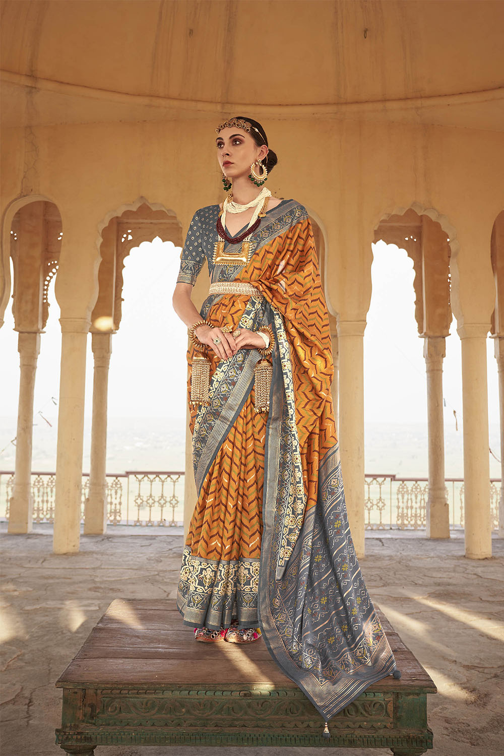 Fire Orange & Grey Border Patola Saree with Grey Designer Blouse