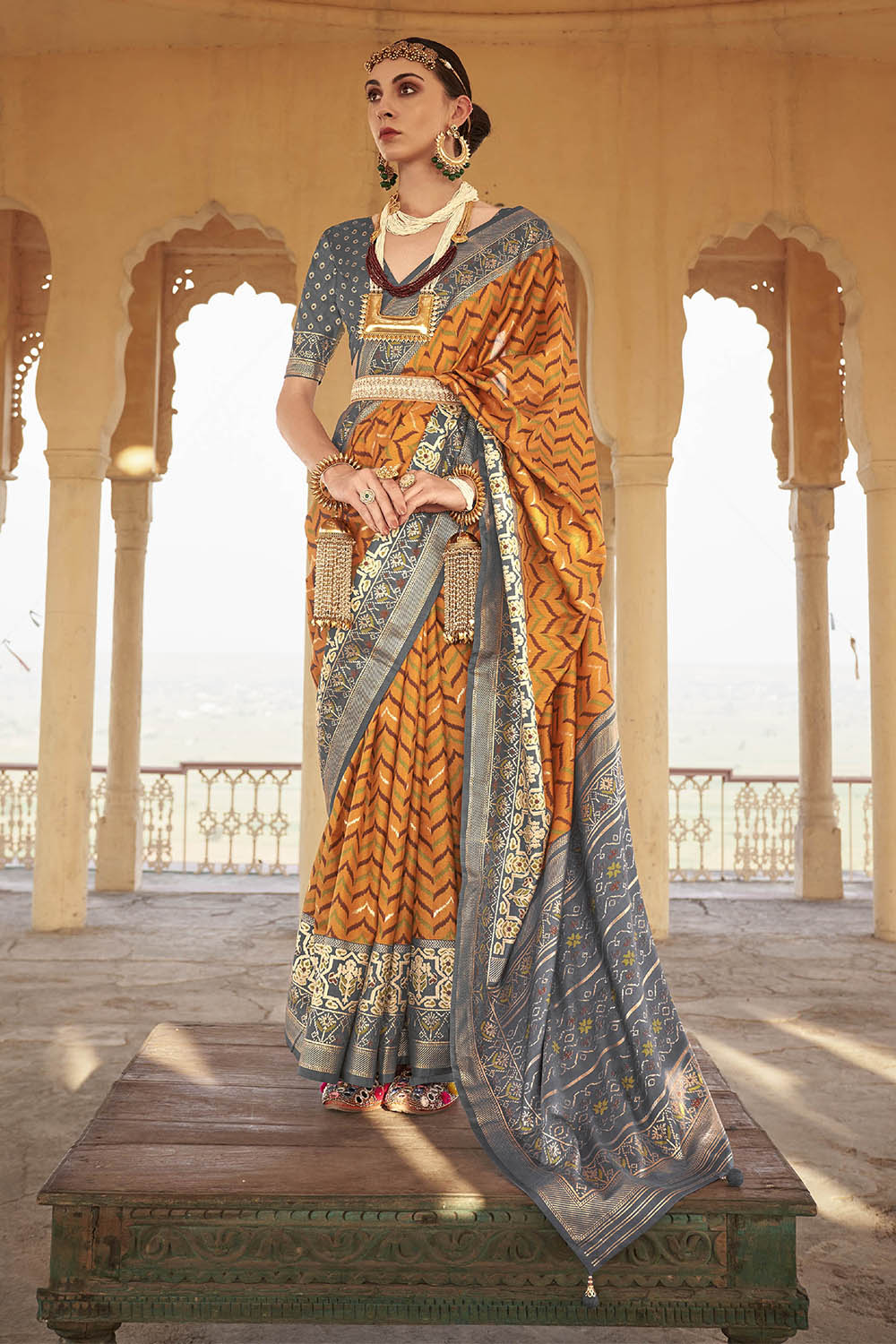 Fire Orange & Grey Border Patola Saree with Grey Designer Blouse