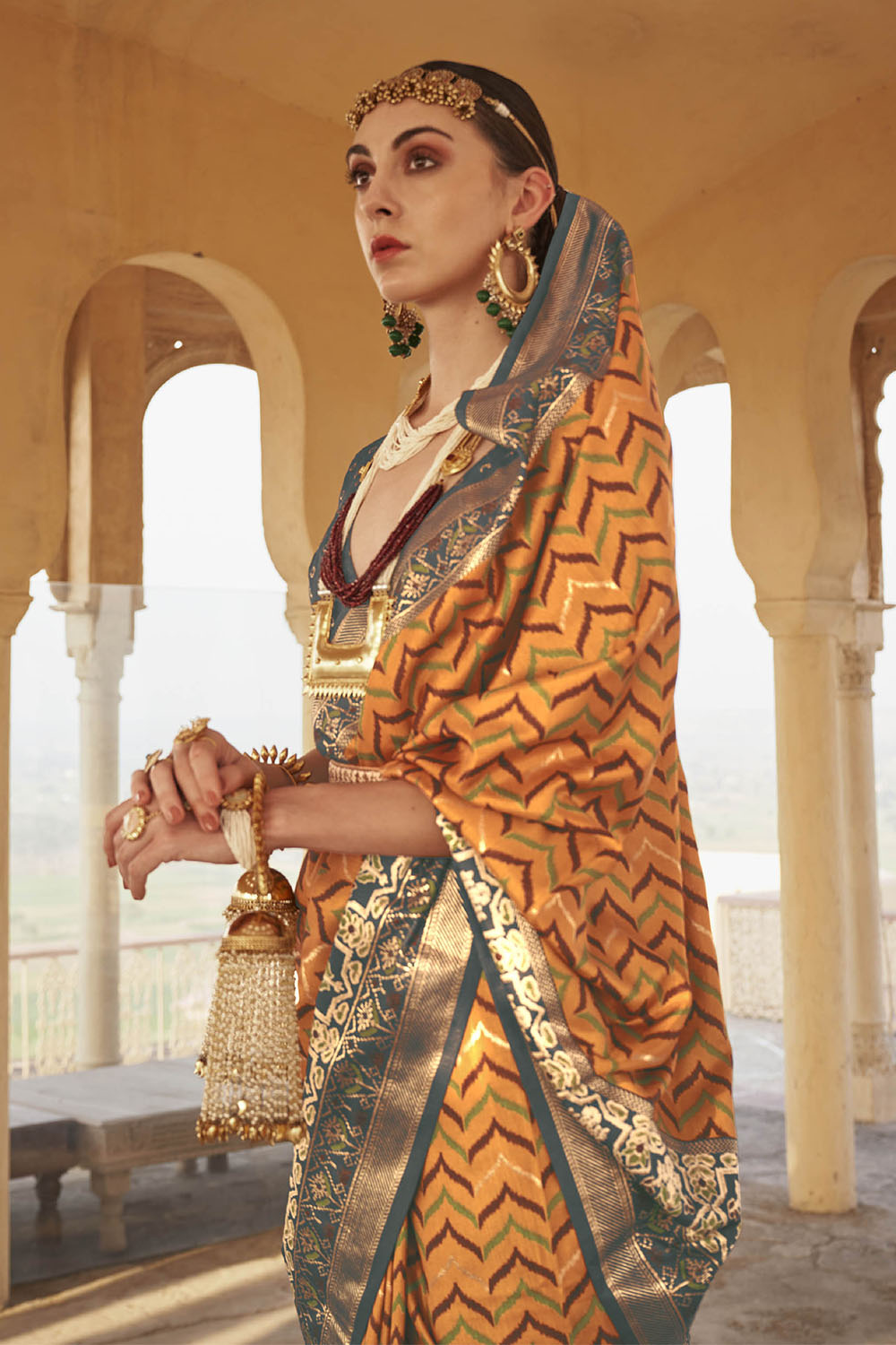 Fire Orange & Grey Border Patola Saree with Grey Designer Blouse