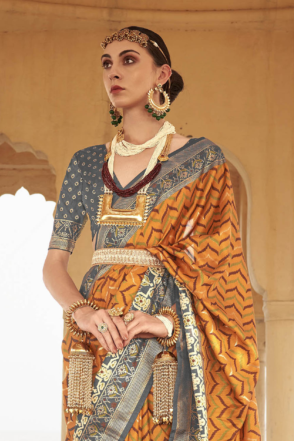 Fire Orange & Grey Border Patola Saree with Grey Designer Blouse