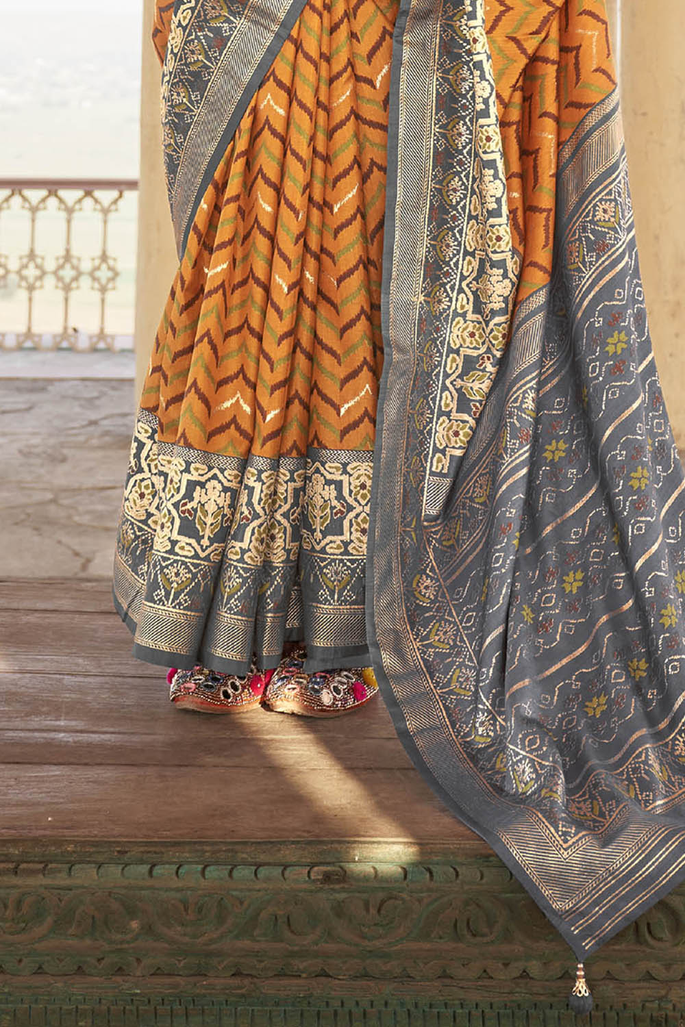 Fire Orange & Grey Border Patola Saree with Grey Designer Blouse
