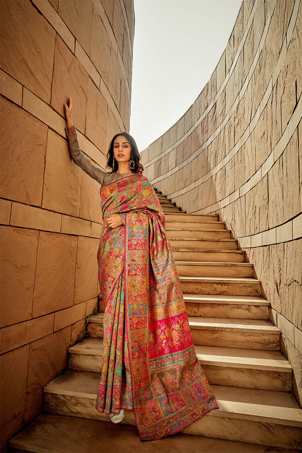 Multi-colored Kashmiri Silk Saree with Ecru Pretty Blouse