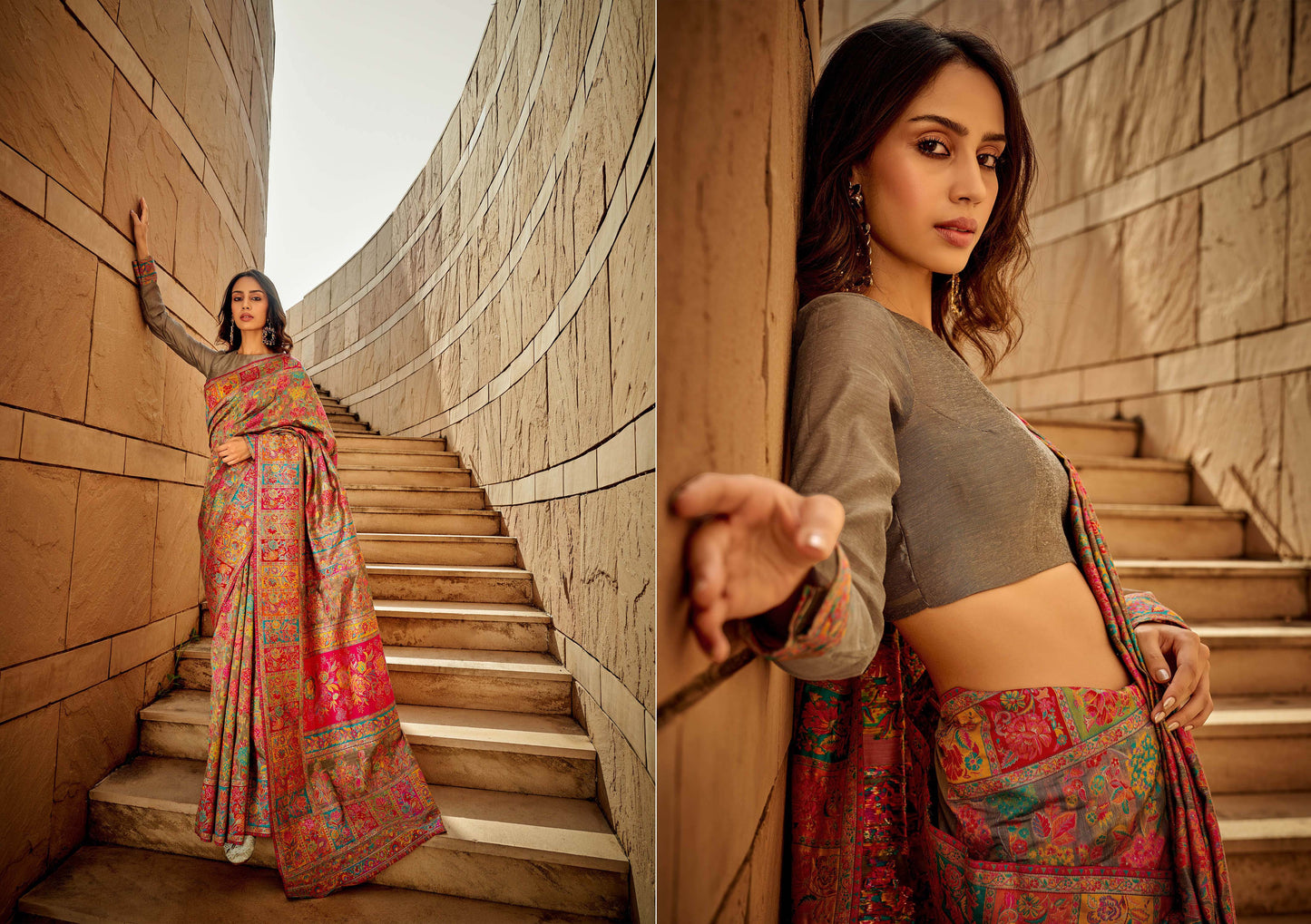 Multi-colored Kashmiri Silk Saree with Ecru Pretty Blouse