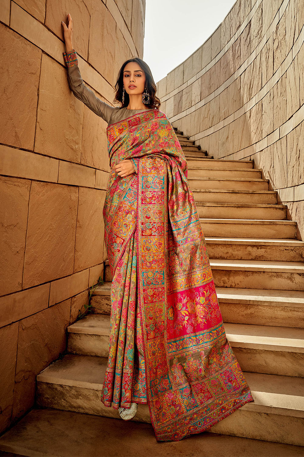 Multi-colored Kashmiri Silk Saree with Ecru Pretty Blouse