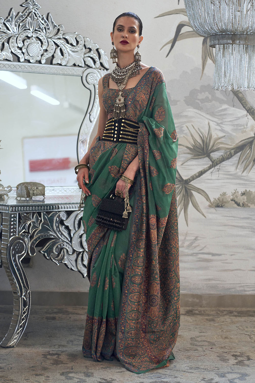 Forest Green & Floral Design Border Kashmiri Saree with Sleeve Less Blouse