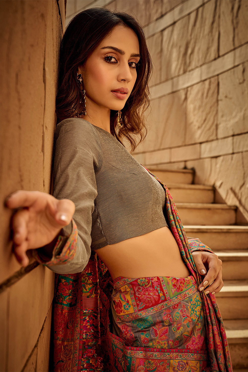 Multi-colored Kashmiri Silk Saree with Ecru Pretty Blouse
