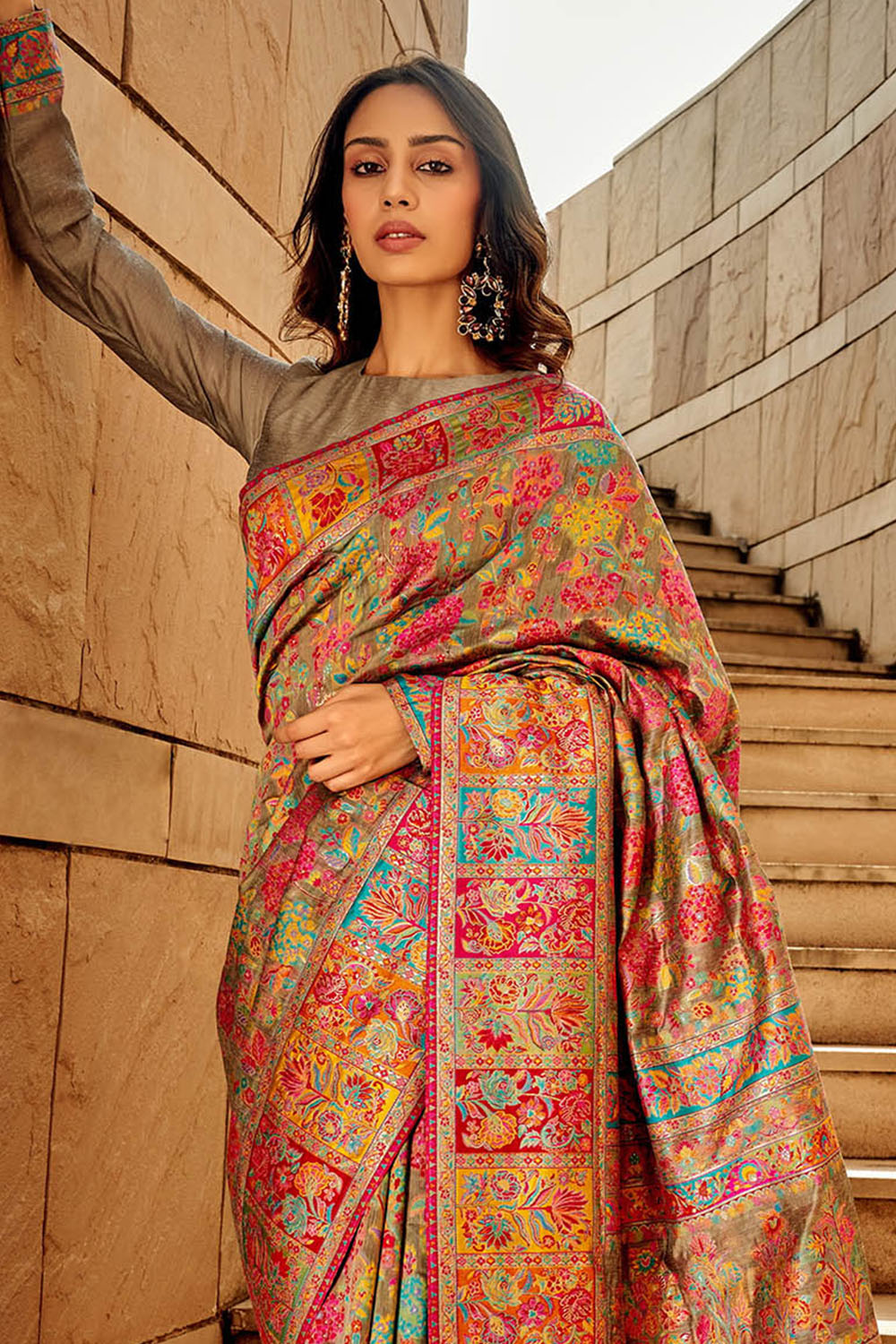 Multi-colored Kashmiri Silk Saree with Ecru Pretty Blouse