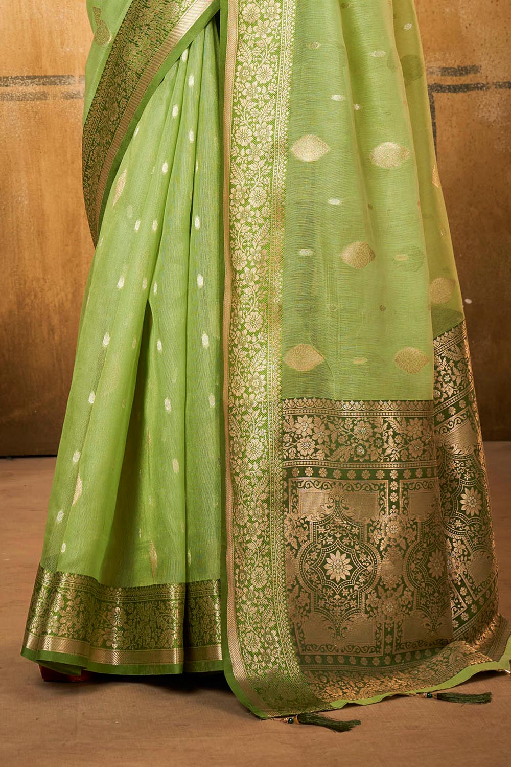 Emerald Green & Golden Border Banarasi Silk Saree with Green Designer Blouse
