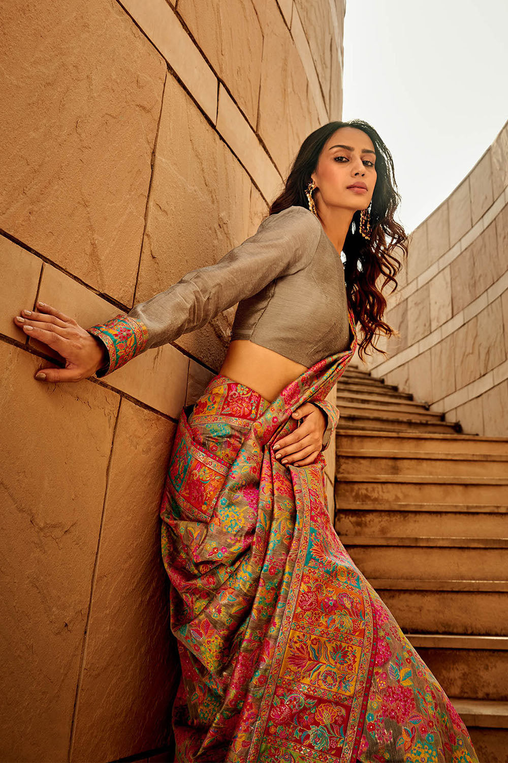 Multi-colored Kashmiri Silk Saree with Ecru Pretty Blouse