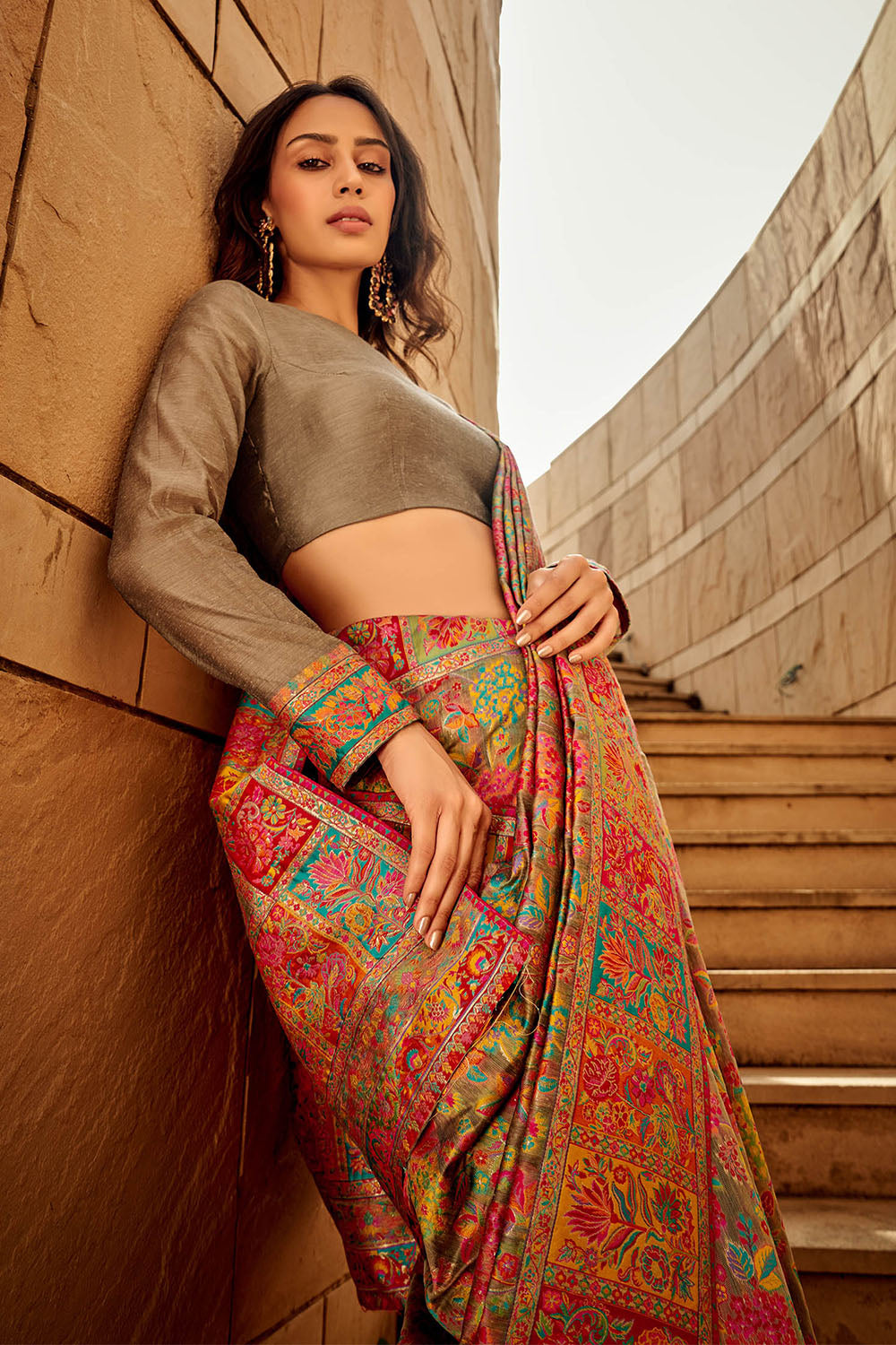 Multi-colored Kashmiri Silk Saree with Ecru Pretty Blouse