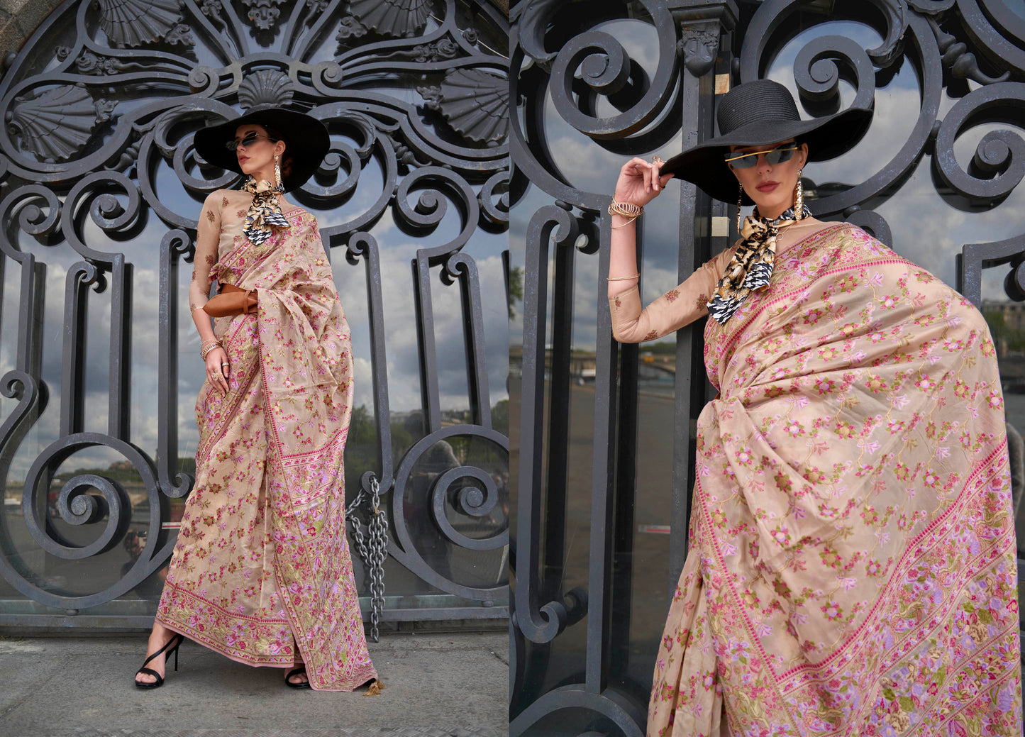 Thulian Pink Floral Border Kashmiri Silk Saree with Pretty Blouse