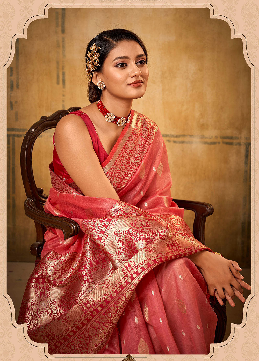 Candy Apple Red & Golden Butti Banarasi Silk Saree with Red Fancy Sleeve Less Blouse