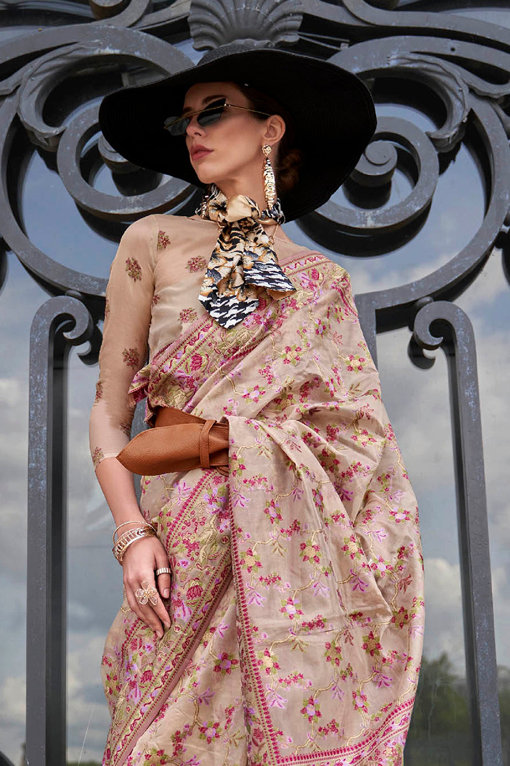 Thulian Pink Floral Border Kashmiri Silk Saree with Pretty Blouse