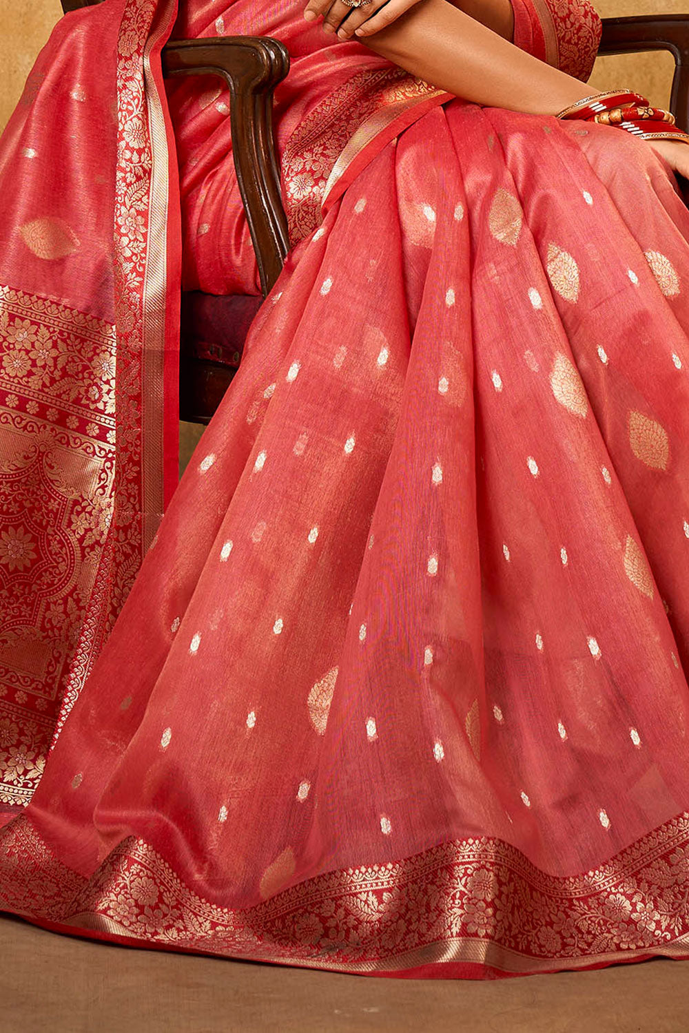 Candy Apple Red & Golden Butti Banarasi Silk Saree with Red Fancy Sleeve Less Blouse