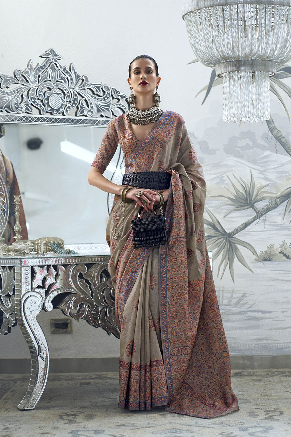 Peanut Brown Fancy Border Kashmiri Saree with Same Colored Blouse