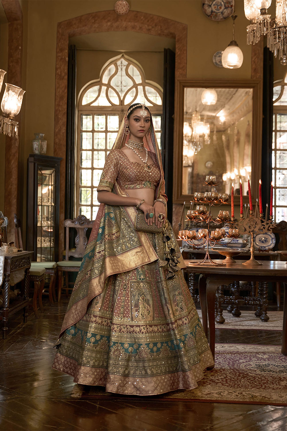 Green with Caramel Maharani Style Soft Silk Designer Lahenga Choli for Woman