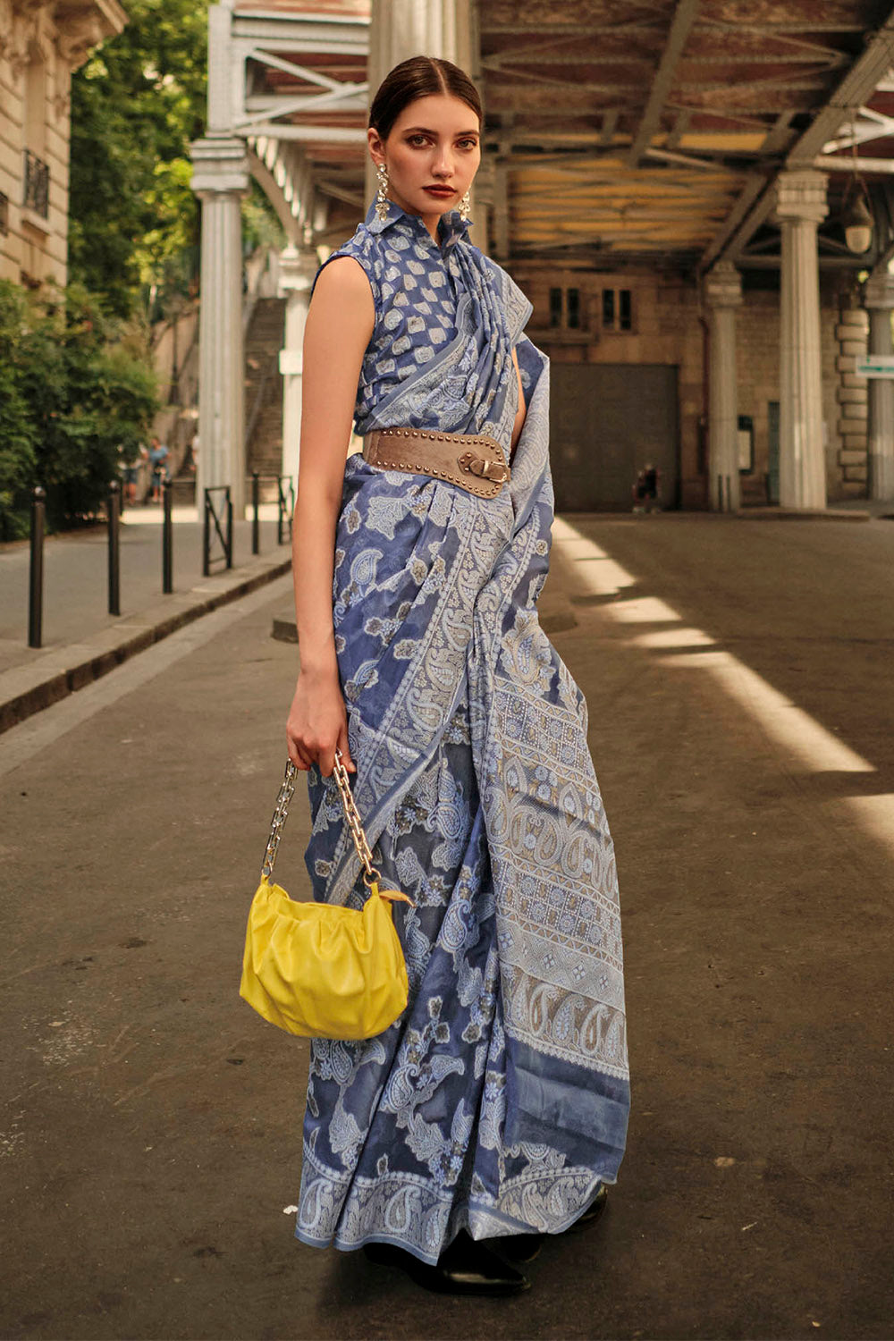 Steel Blue & White Floral Design Lucknowi Chikan Kari Saree with Pretty Blouse