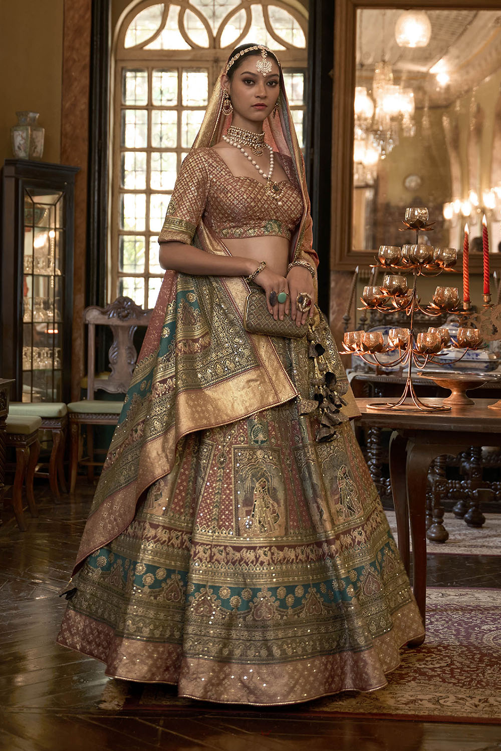 Green with Caramel Maharani Style Soft Silk Designer Lahenga Choli for Woman