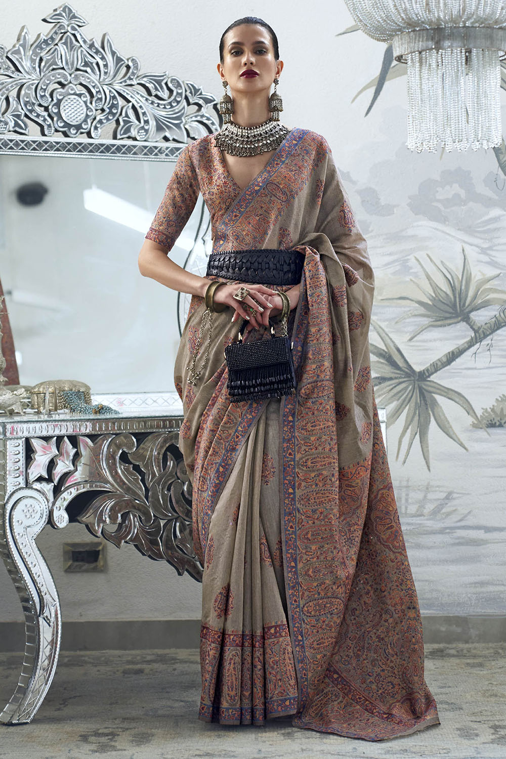 Peanut Brown Fancy Border Kashmiri Saree with Same Colored Blouse