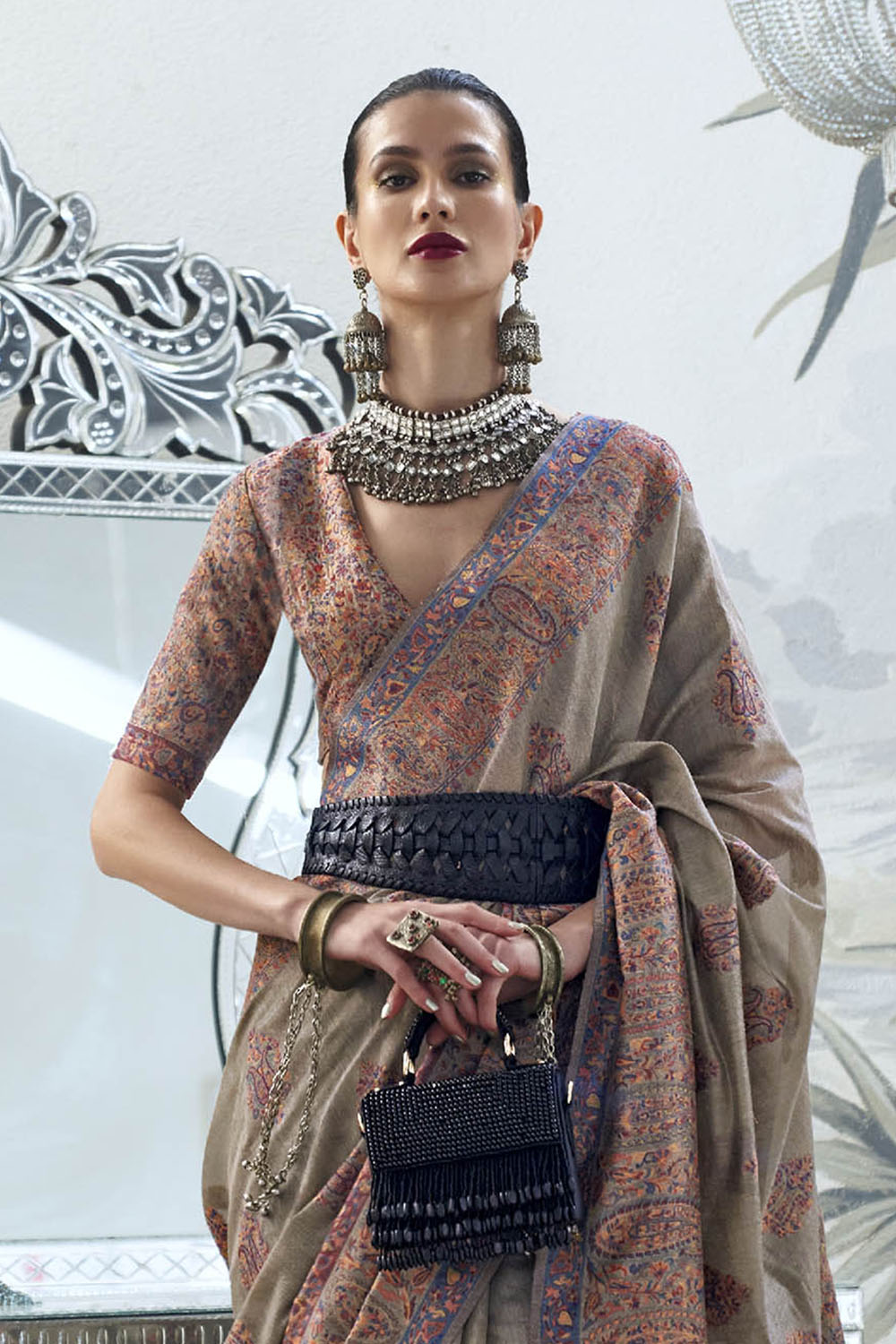 Peanut Brown Fancy Border Kashmiri Saree with Same Colored Blouse