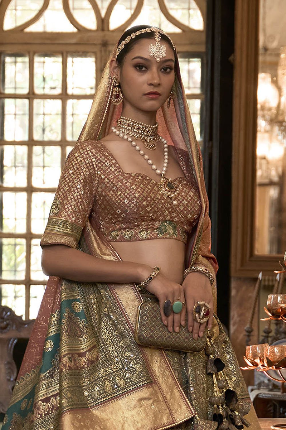 Green with Caramel Maharani Style Soft Silk Designer Lahenga Choli for Woman