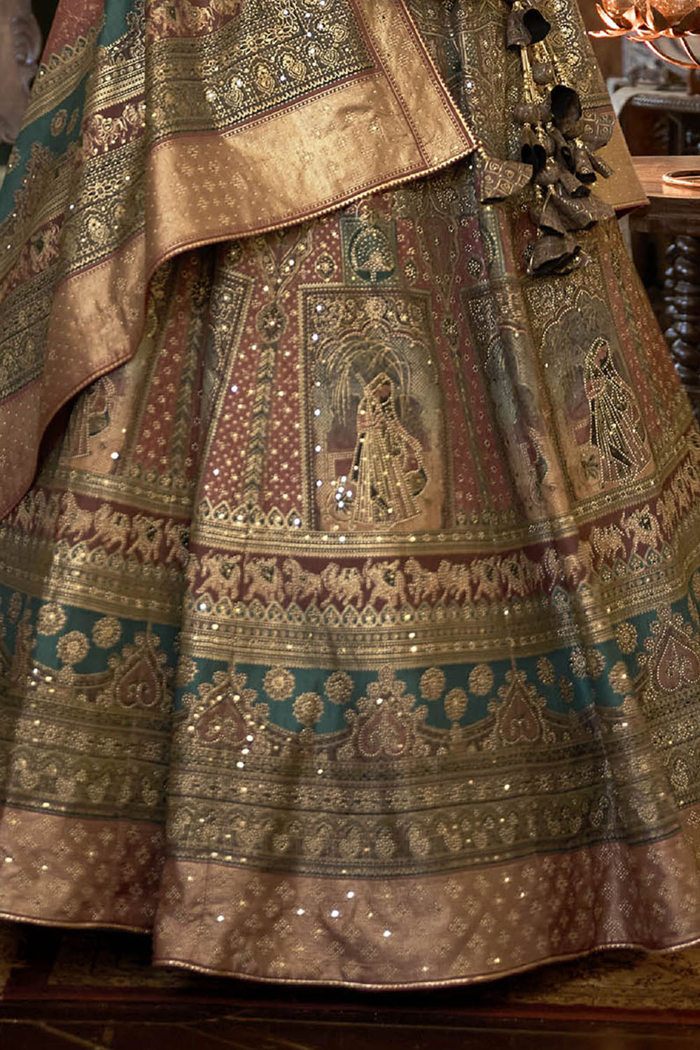 Green with Caramel Maharani Style Soft Silk Designer Lahenga Choli for Woman
