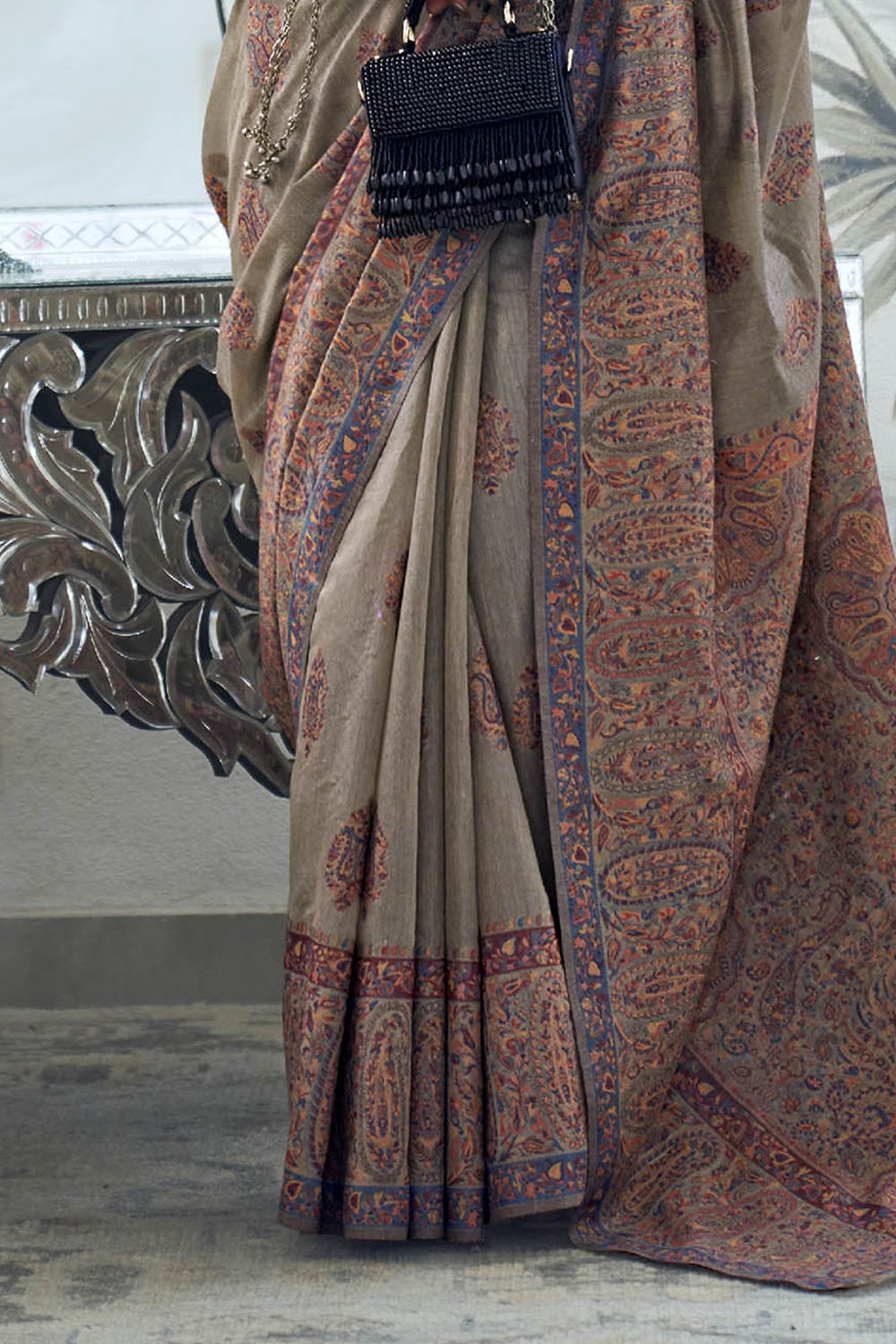 Peanut Brown Fancy Border Kashmiri Saree with Same Colored Blouse