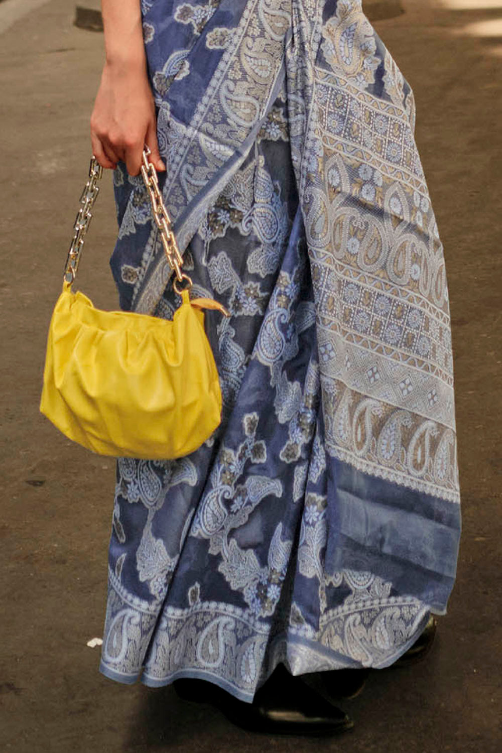 Steel Blue & White Floral Design Lucknowi Chikan Kari Saree with Pretty Blouse