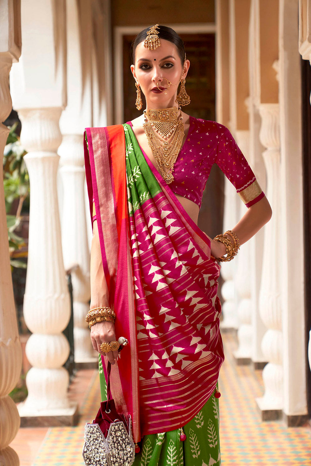 Kelly Green & Hot Pink Border Patola Saree with Pink Fancy Blouse