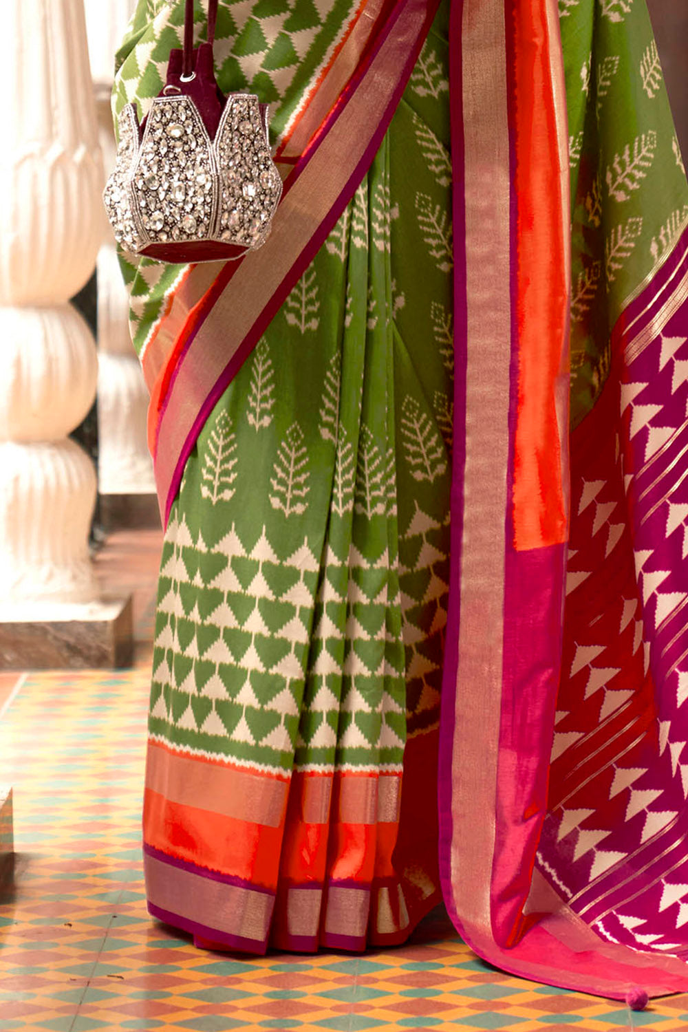 Kelly Green & Hot Pink Border Patola Saree with Pink Fancy Blouse
