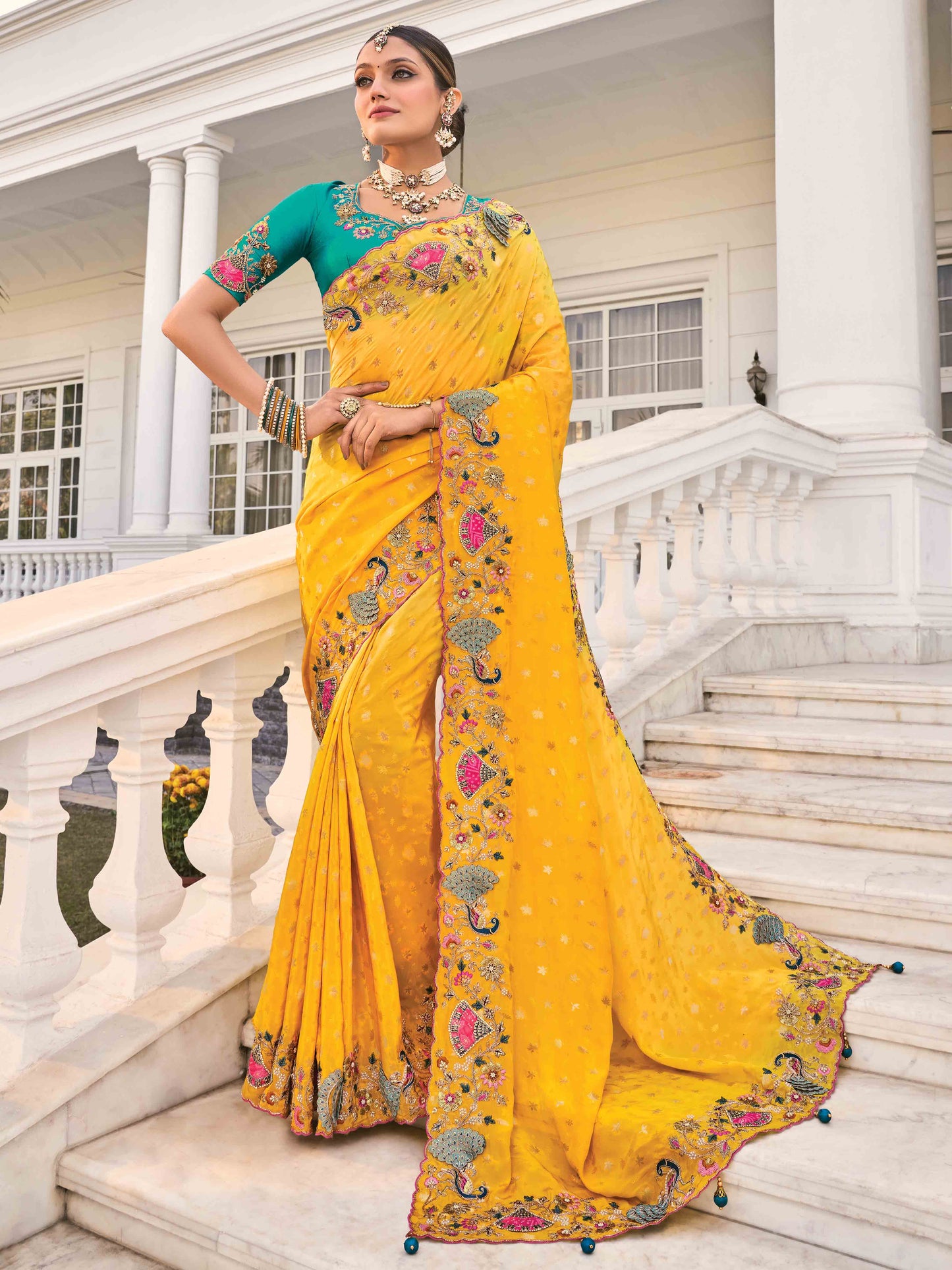 Amber Yellow Designer Border Bridal Indian Saree with Green Beautiful Work Blouse