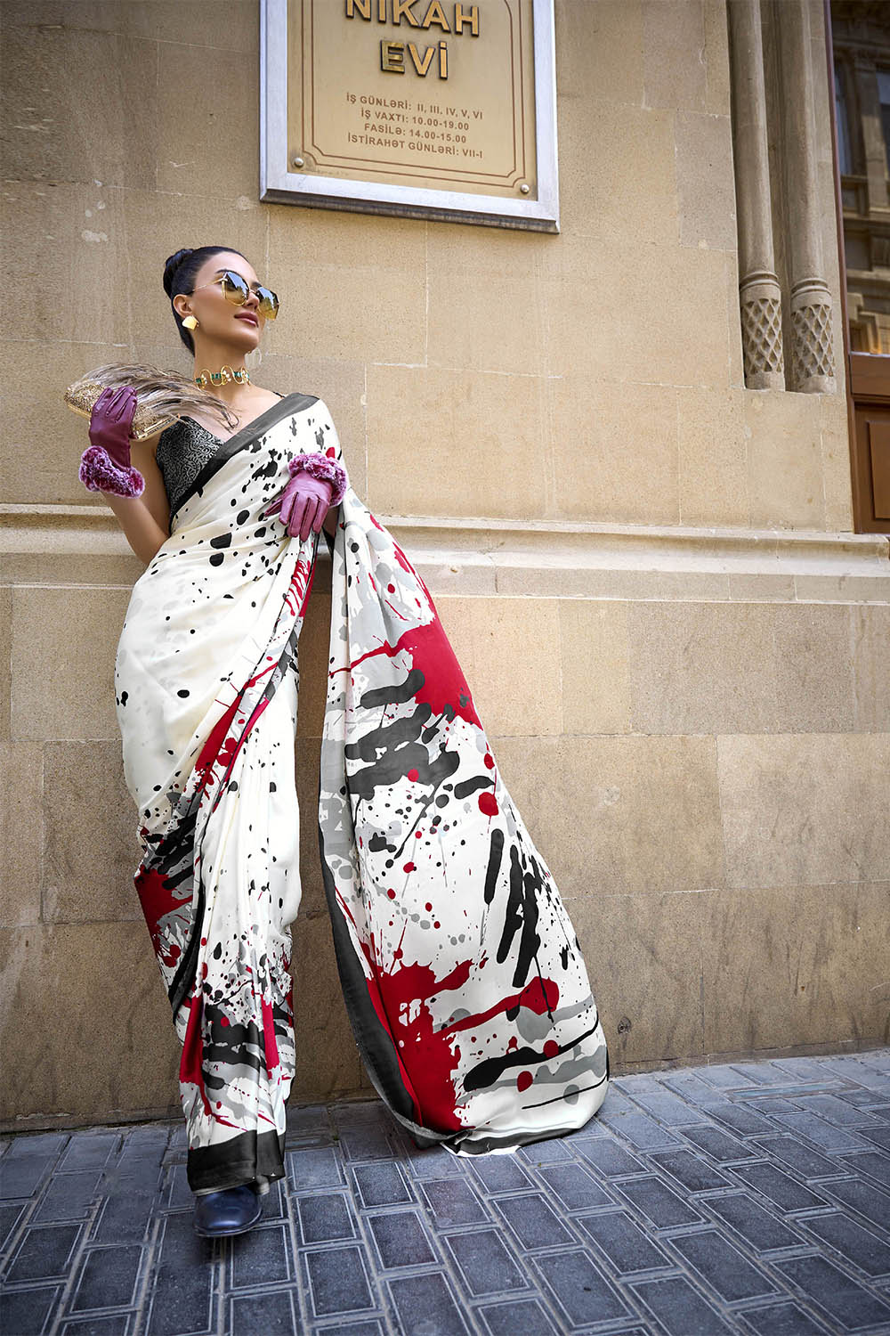 White & Multi-colored Digital Printed Saree with Black Designer Blouse