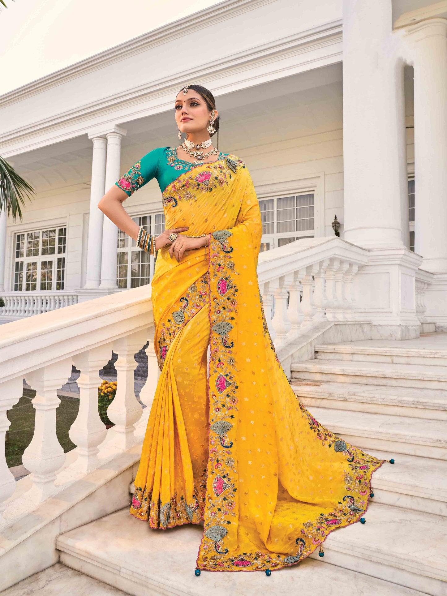 Amber Yellow Designer Border Bridal Indian Saree with Green Beautiful Work Blouse