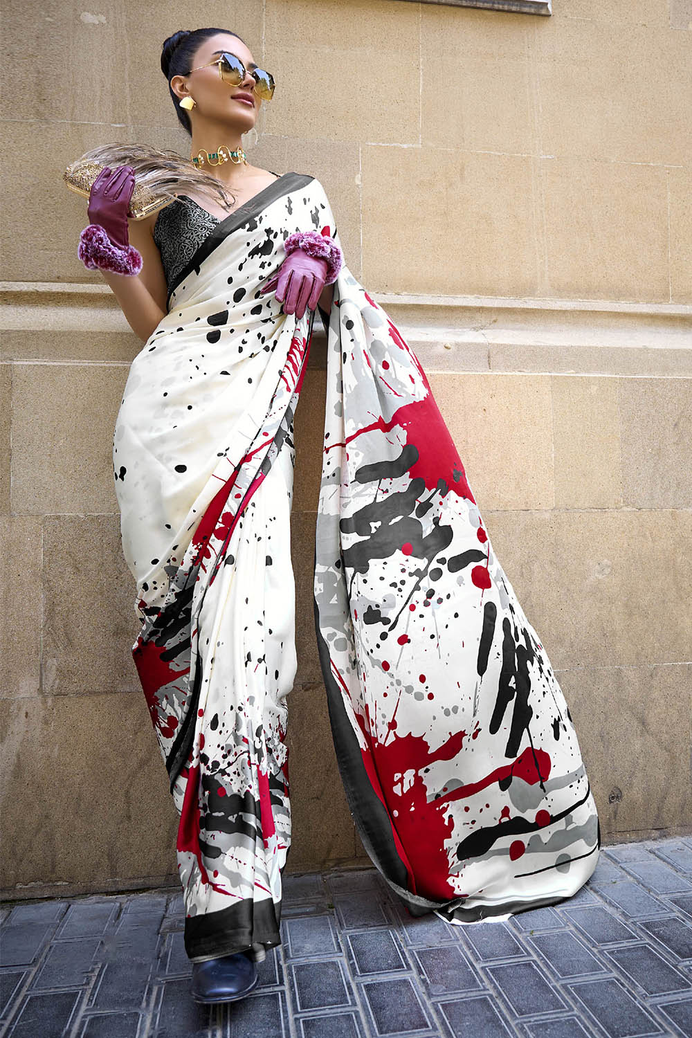 White & Multi-colored Digital Printed Saree with Black Designer Blouse