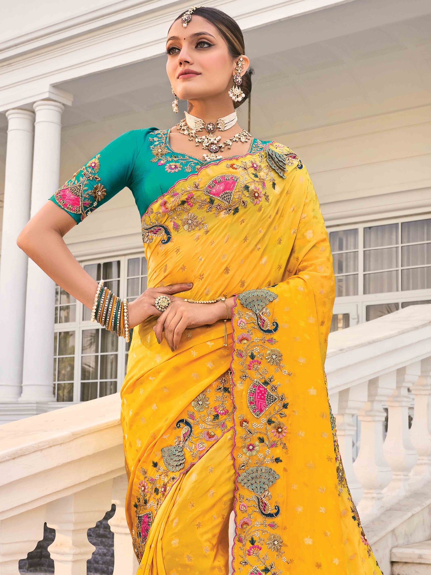 Amber Yellow Designer Border Bridal Indian Saree with Green Beautiful Work Blouse