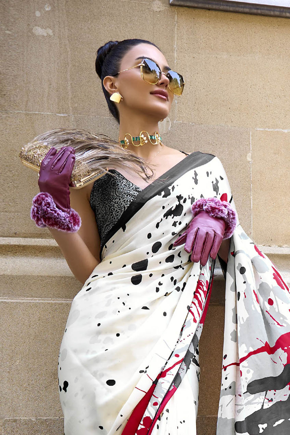 White & Multi-colored Digital Printed Saree with Black Designer Blouse