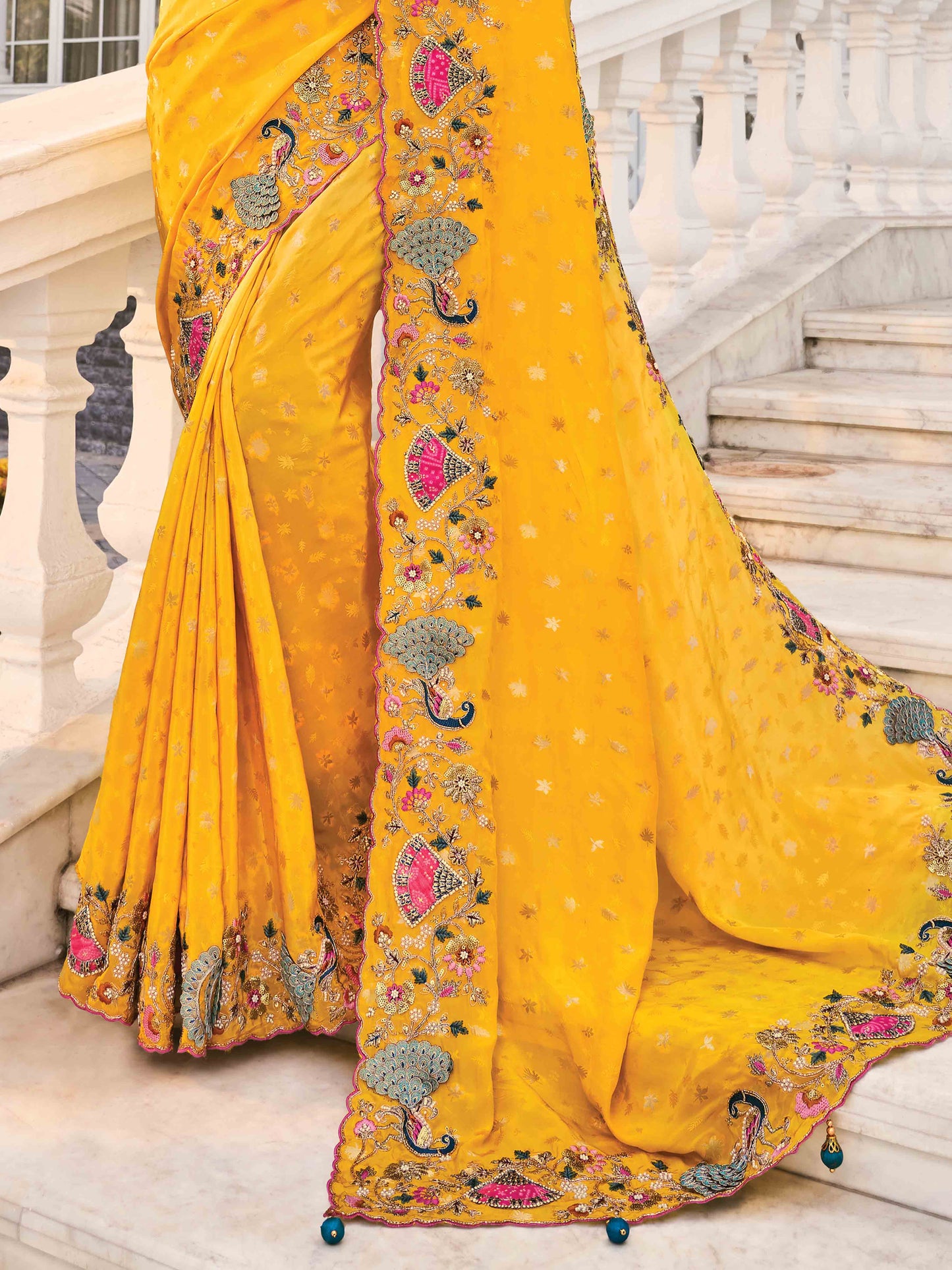 Amber Yellow Designer Border Bridal Indian Saree with Green Beautiful Work Blouse