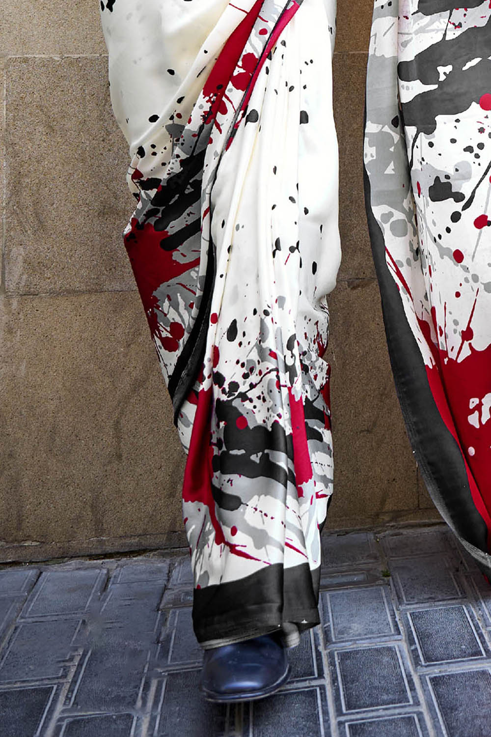 White & Multi-colored Digital Printed Saree with Black Designer Blouse