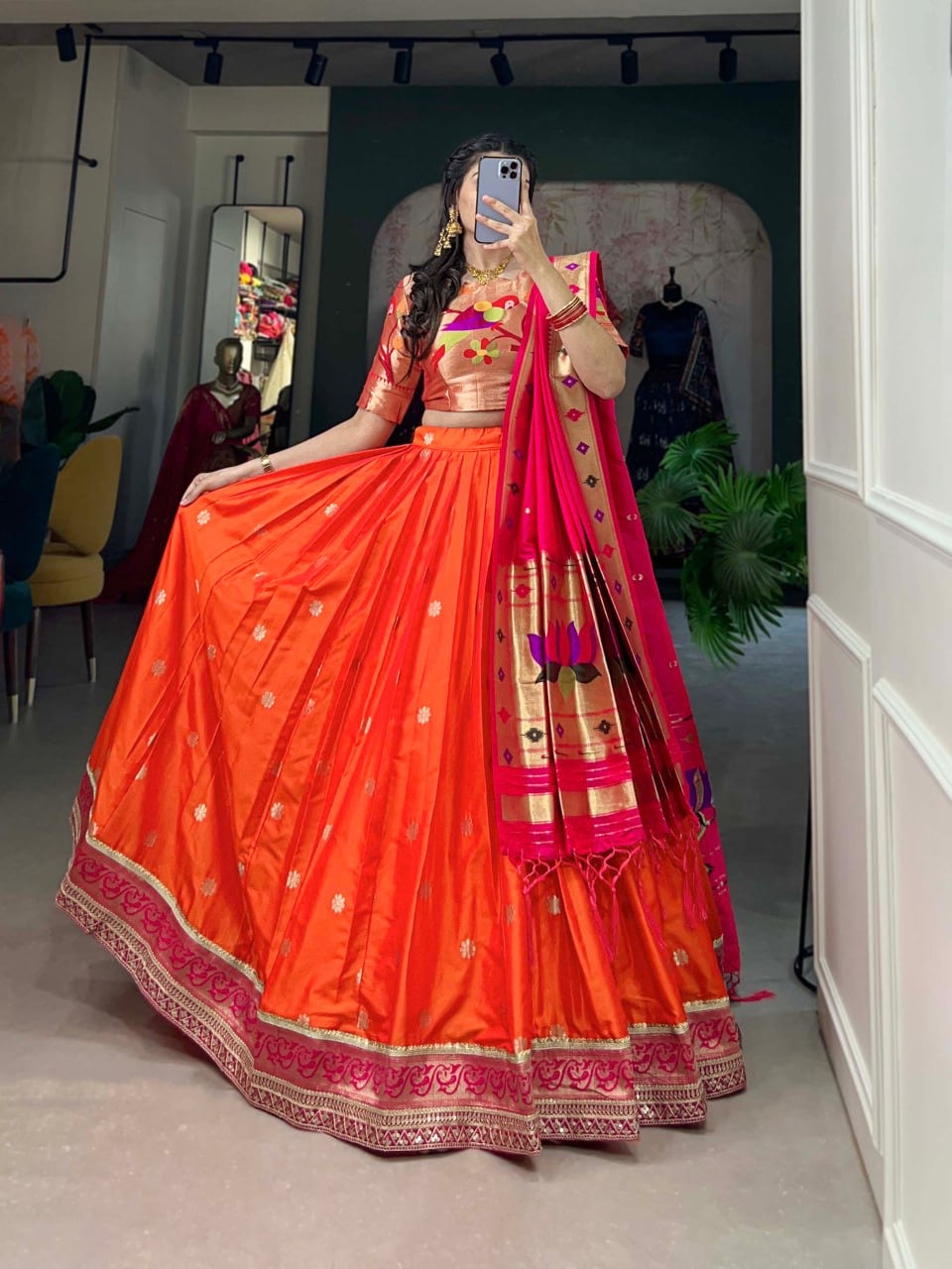 Paithani Silk Lahenga with Contrast Dupatta and Matching Painthani Blouse