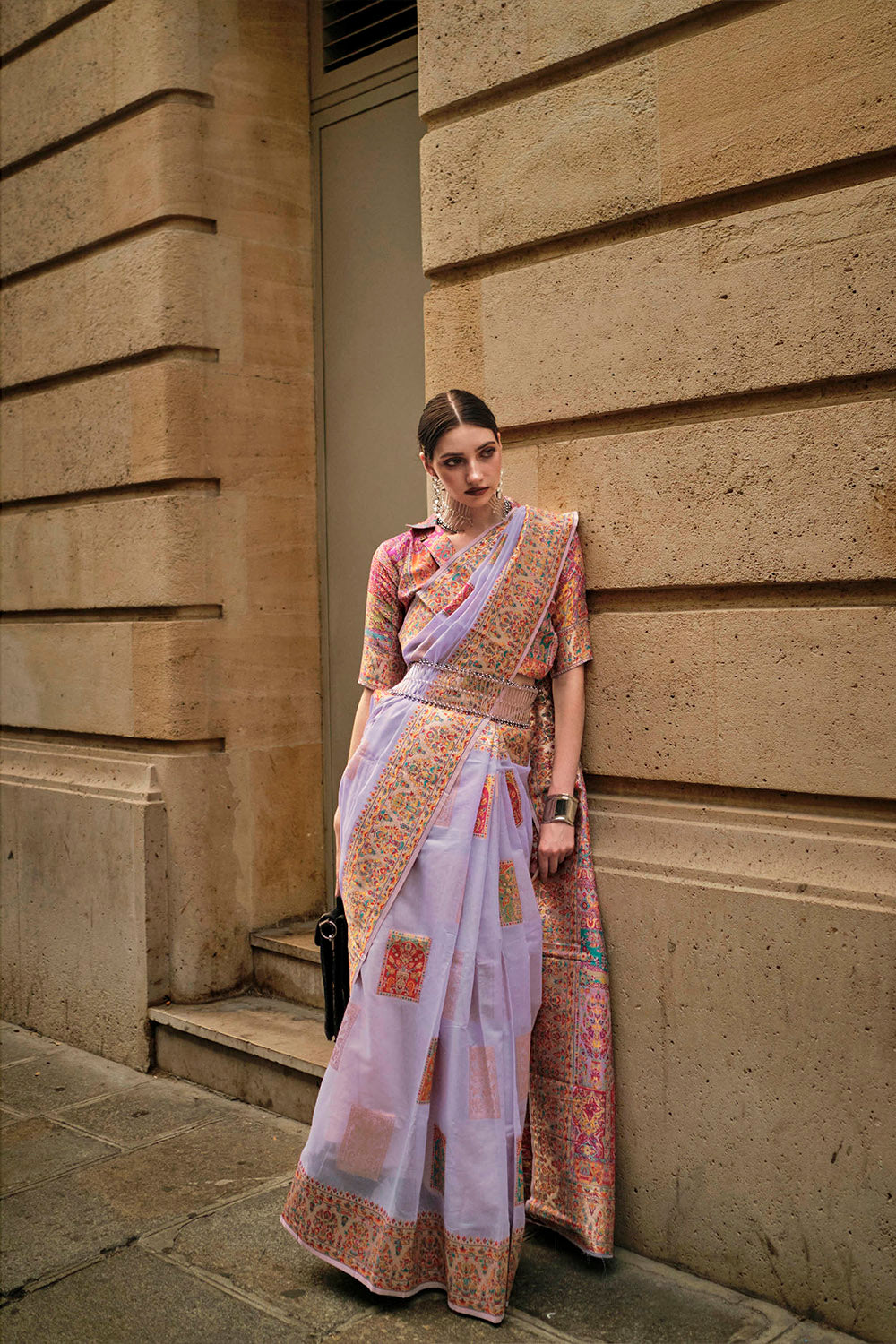 Lavender Purple Kashmiri Silk Saree with Fancy Peach Pink Fancy Blouse