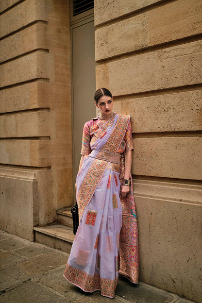 Lavender Purple Kashmiri Silk Saree with Fancy Peach Pink Fancy Blouse