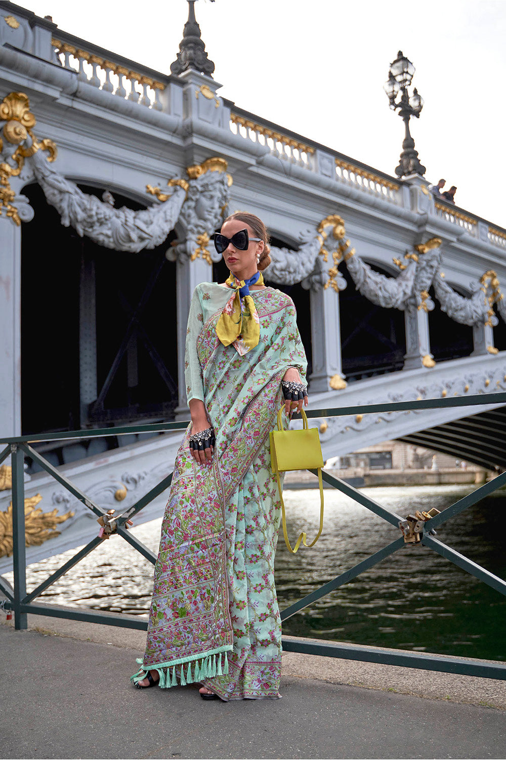 Powder Blue Floral Border Kashmiri Silk Saree with Pretty Blouse