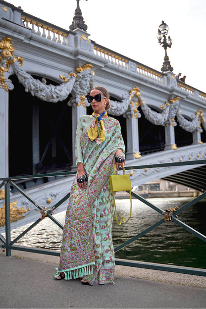 Powder Blue Floral Border Kashmiri Silk Saree with Pretty Blouse