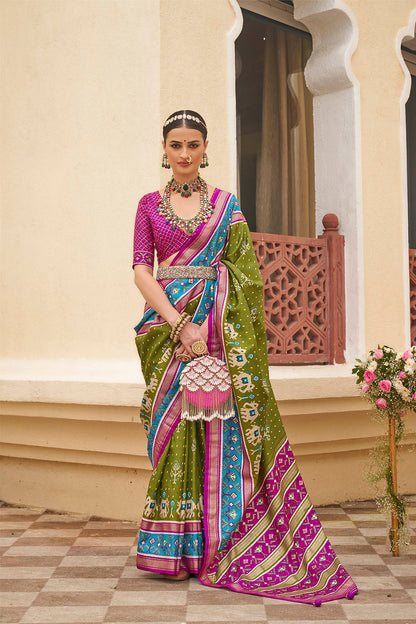 Olive Green & Pink Ikkat Patola Saree with Designer Blouse