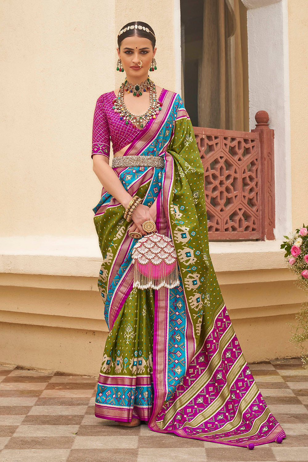 Olive Green & Pink Ikkat Patola Saree with Designer Blouse