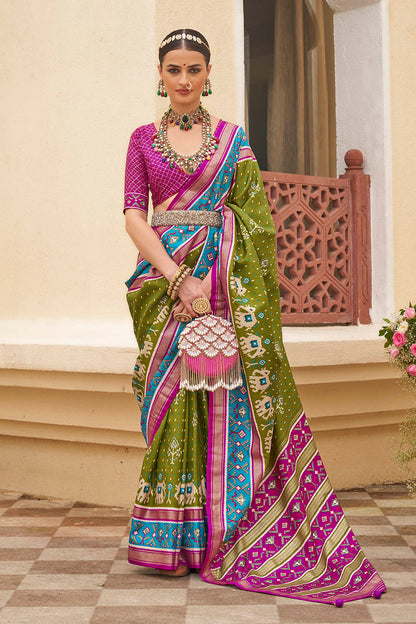 Olive Green & Pink Ikkat Patola Saree with Designer Blouse