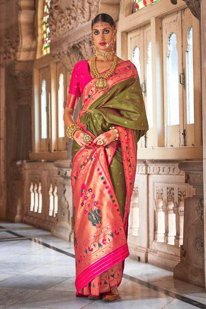 Olive Green & Pink Border Paithani Saree with Hot Pink Fancy Blouse