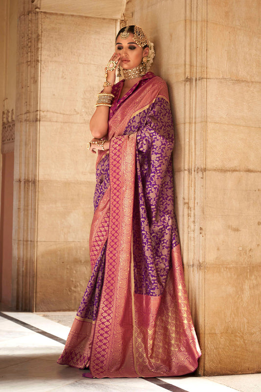 Byzantine Purple & Golden Border Kanjivaram Saree with Purple Designer Blouse