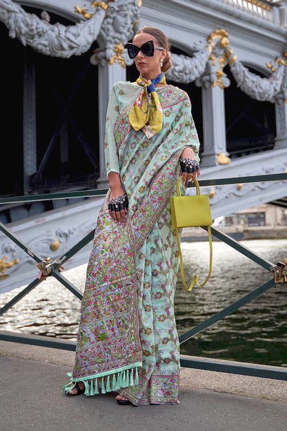 Powder Blue Floral Border Kashmiri Silk Saree with Pretty Blouse